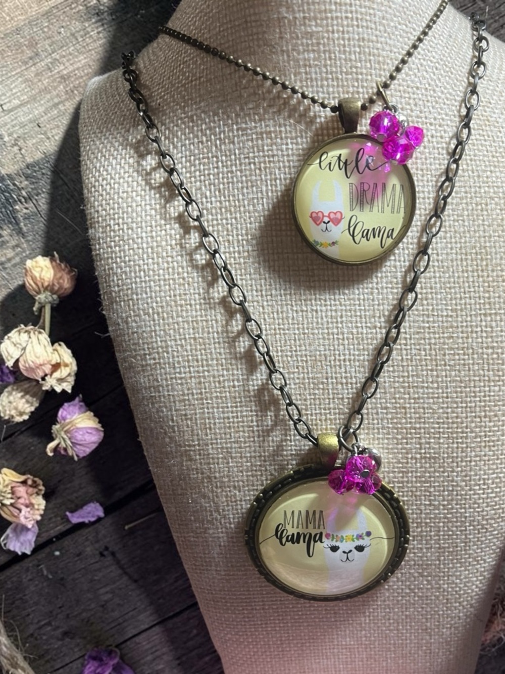 Mama Llama & Little Drama Llama Pendant Necklaces - Pink Accent
